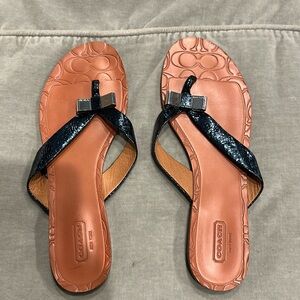 Coach navy patent and silver sandals